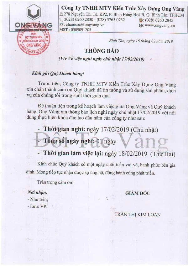 Thông báo nghỉ Chủ Nhật 16/02/2019