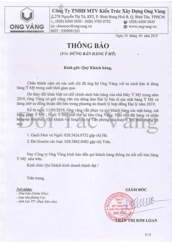 Thông báo ngừng bán hàng Gạch và Ngói Ý Mỹ