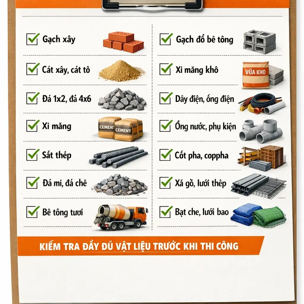 Checklist vật liệu xây dựng phần thô