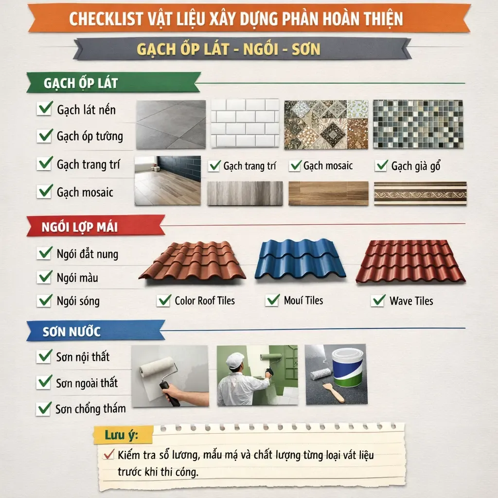 Checklist vật liệu xây dựng phần hoàn thiện